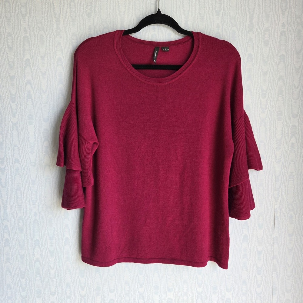 New Directions M Layered Flutter Sleeve Short Sleeve Red Wine Sweater Round Neck
